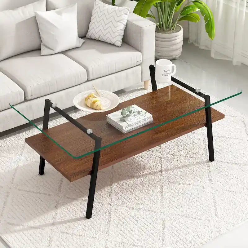 Table basse moderne avec plateau en verre trempé et pieds en métal