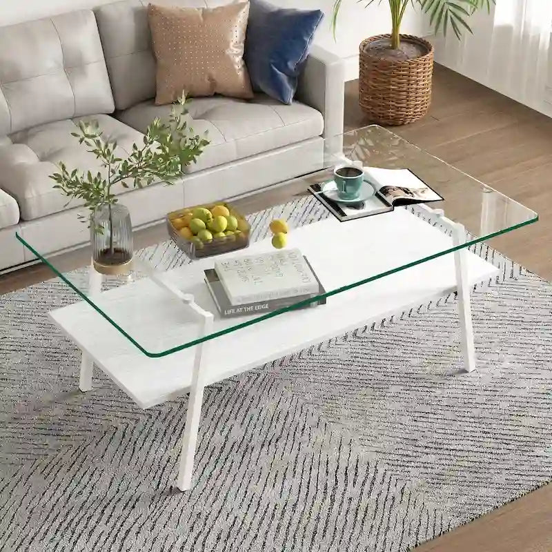 Table basse moderne avec plateau en verre trempé et pieds en métal