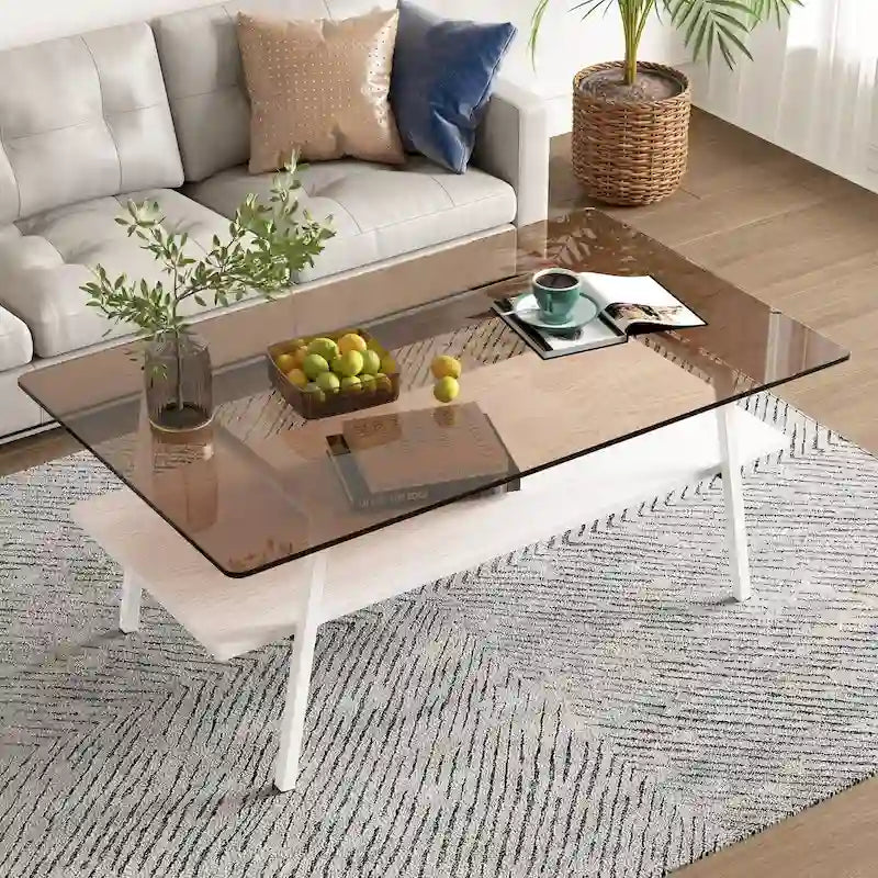 Table basse moderne avec plateau en verre trempé et pieds en métal