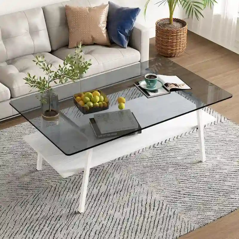 Table basse moderne avec plateau en verre trempé et pieds en métal