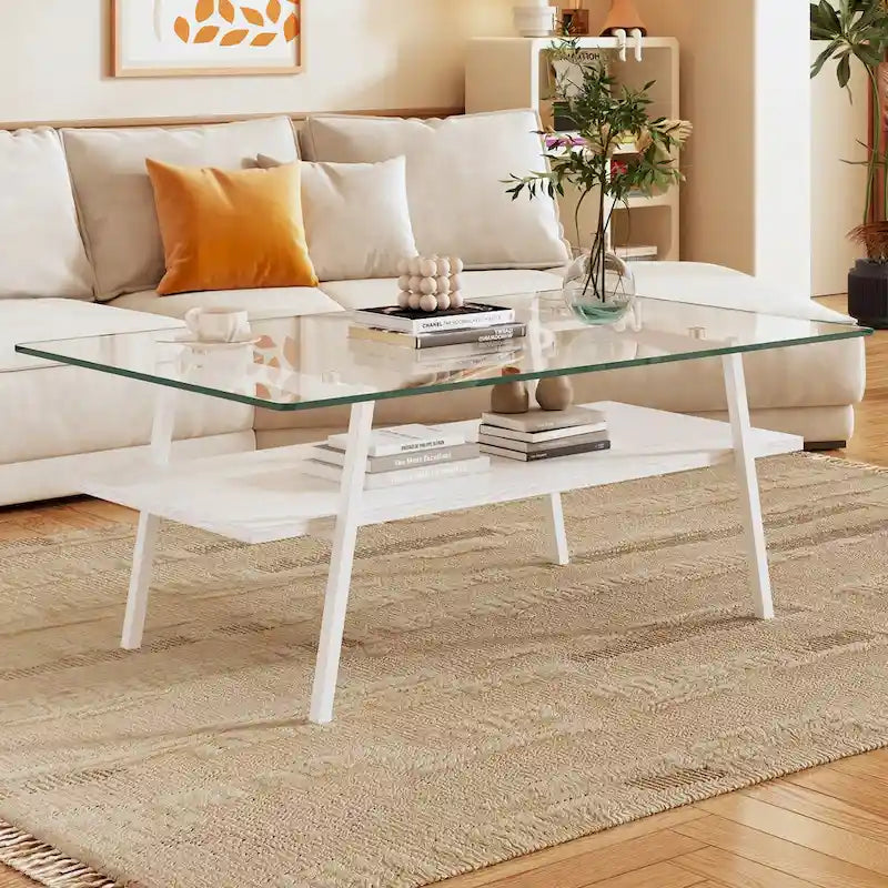 Table basse moderne avec plateau en verre trempé et pieds en métal