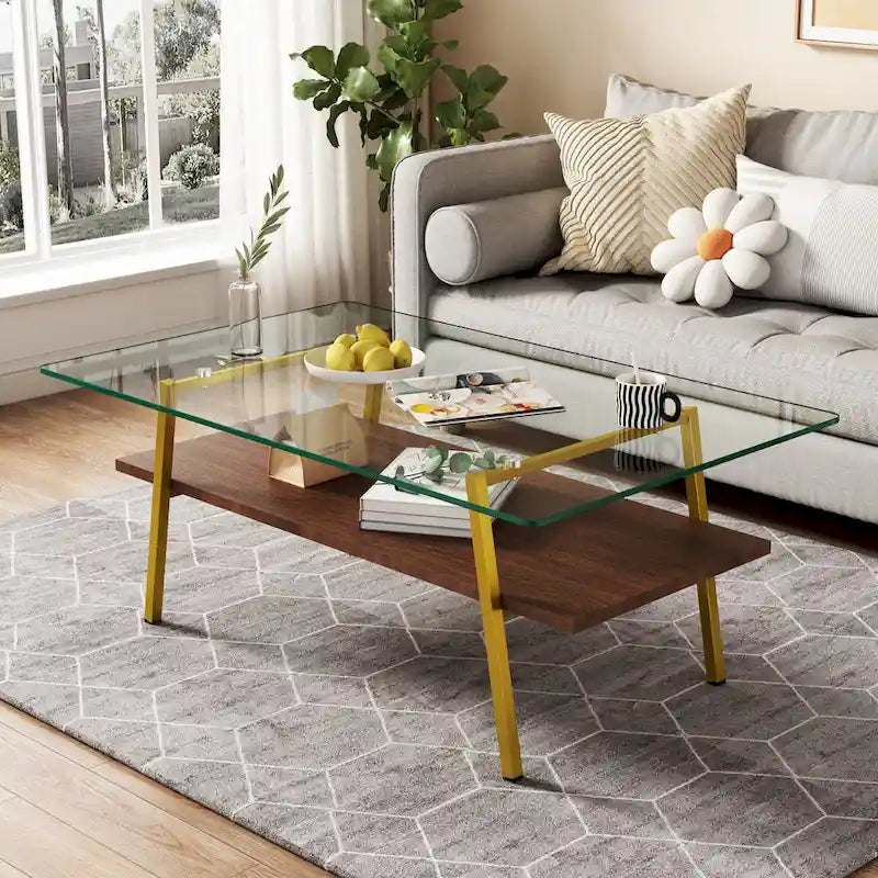 Table basse moderne avec plateau en verre trempé et pieds en métal