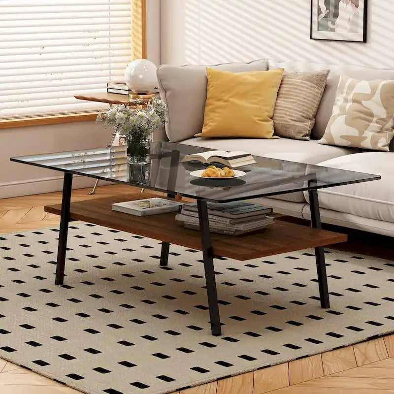 Table basse moderne avec plateau en verre trempé et pieds en métal