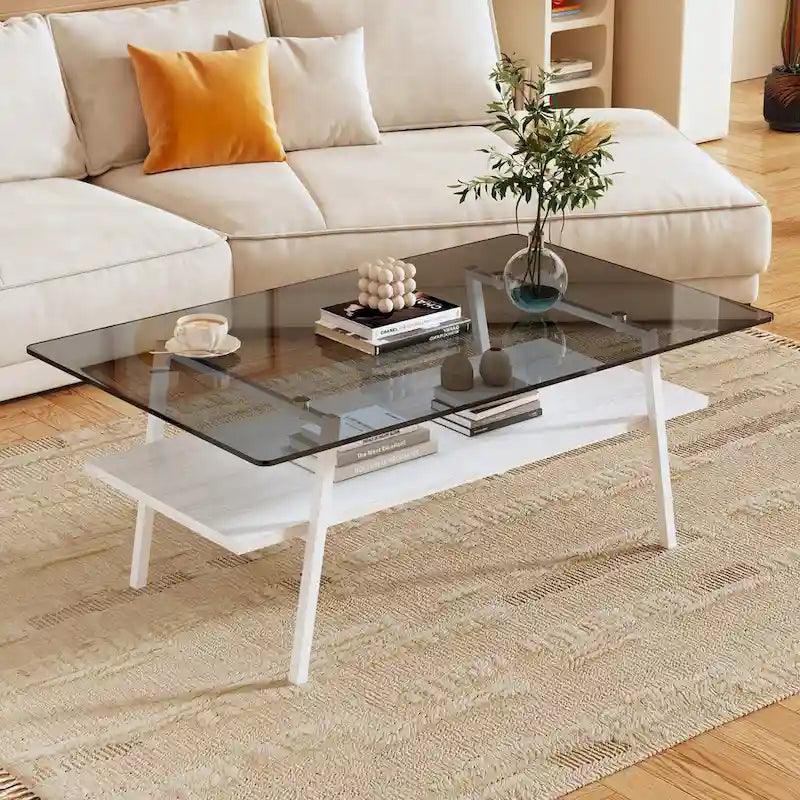 Table basse moderne avec plateau en verre trempé et pieds en métal