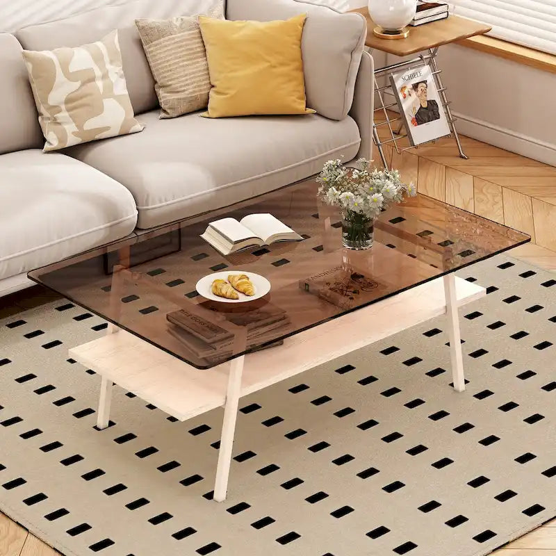 Table basse moderne avec plateau en verre trempé et pieds en métal