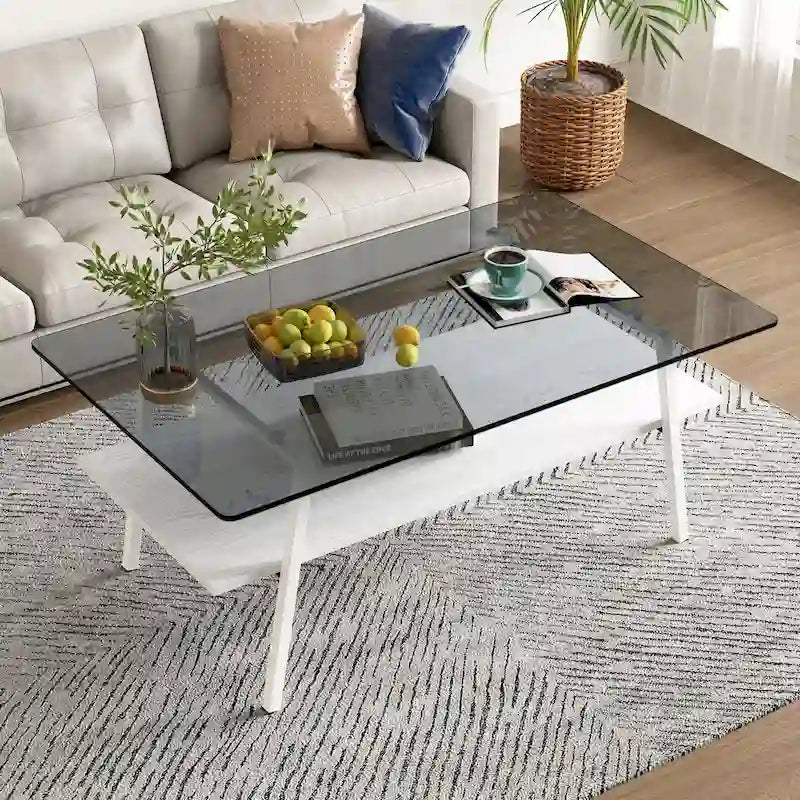 Table basse moderne avec plateau en verre trempé et pieds en métal