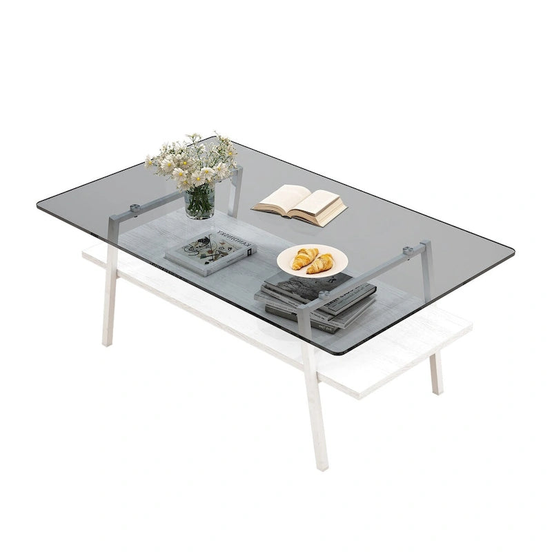Table basse moderne avec plateau en verre trempé et pieds en métal
