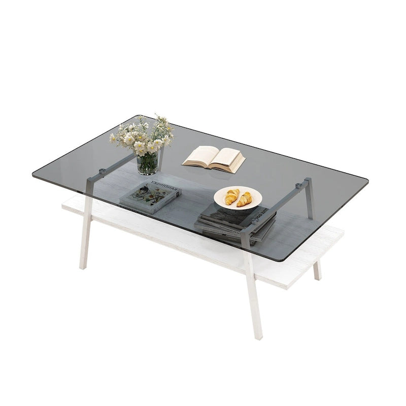 Table basse moderne avec plateau en verre trempé et pieds en métal