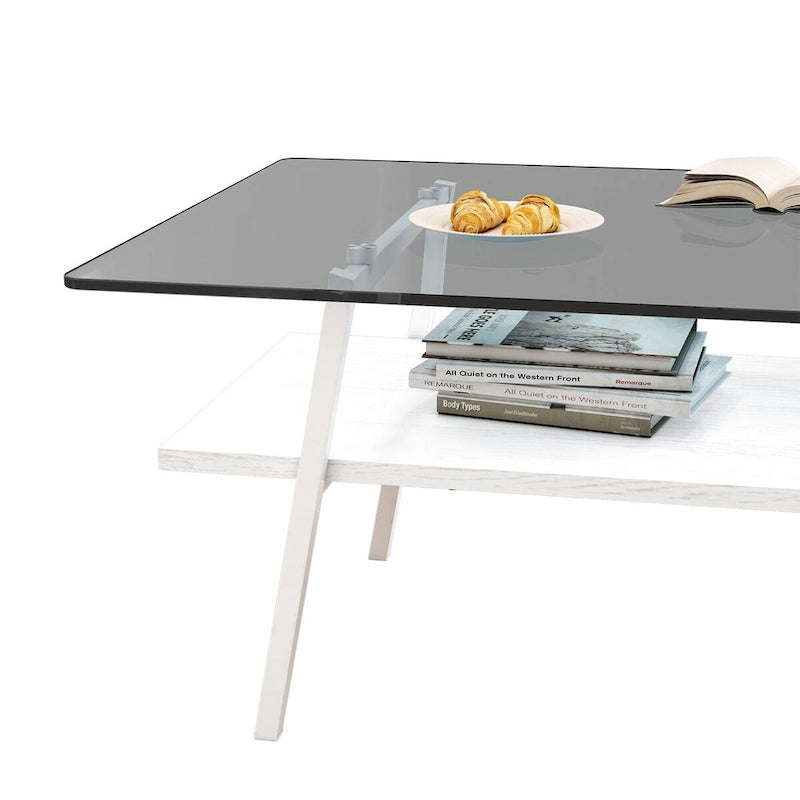 Table basse moderne avec plateau en verre trempé et pieds en métal