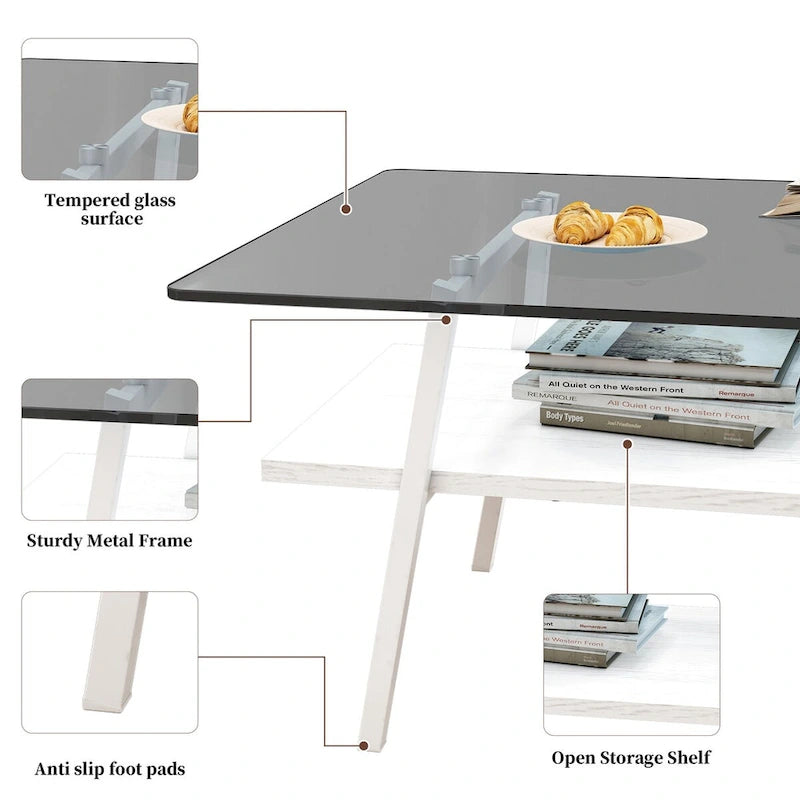 Table basse moderne avec plateau en verre trempé et pieds en métal