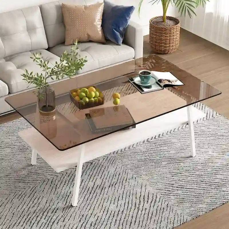 Table basse moderne avec plateau en verre trempé et pieds en métal