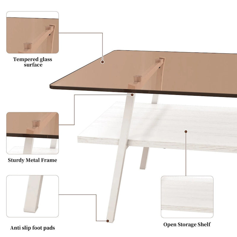 Table basse moderne avec plateau en verre trempé et pieds en métal