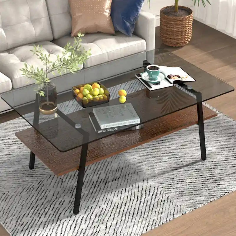 Table basse moderne avec plateau en verre trempé et pieds en métal