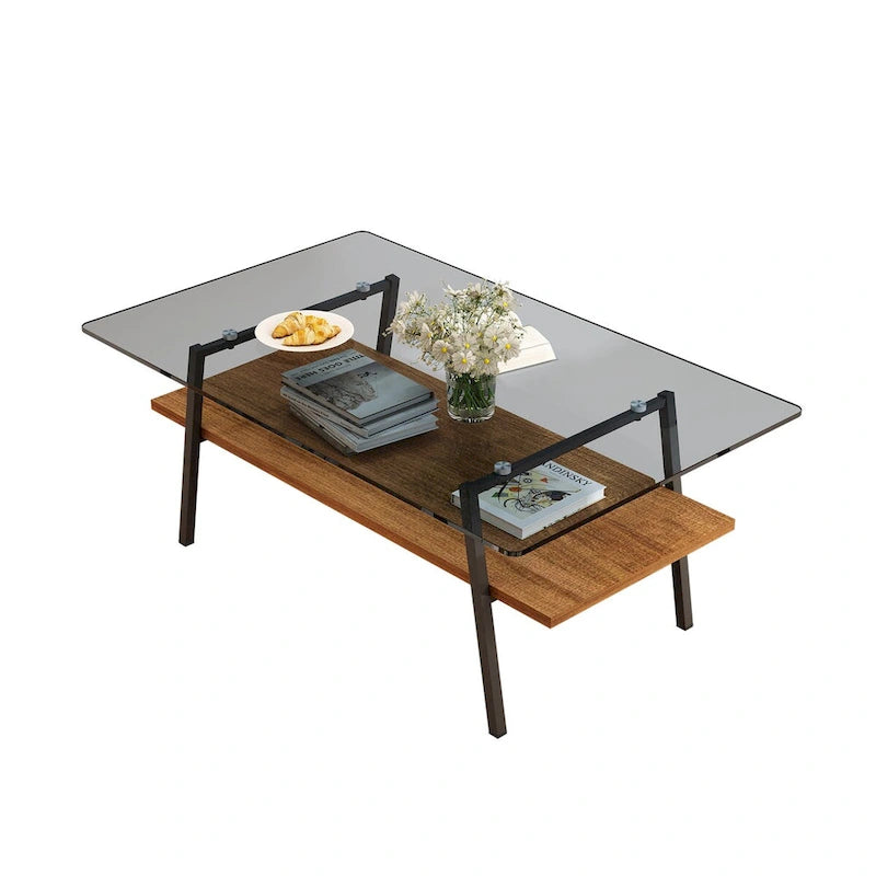 Table basse moderne avec plateau en verre trempé et pieds en métal