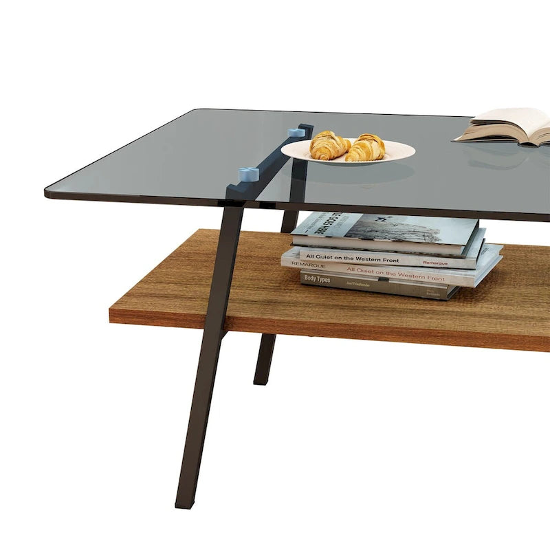 Table basse moderne avec plateau en verre trempé et pieds en métal