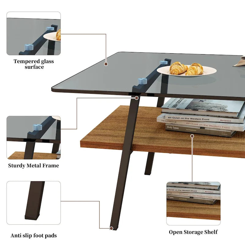 Table basse moderne avec plateau en verre trempé et pieds en métal
