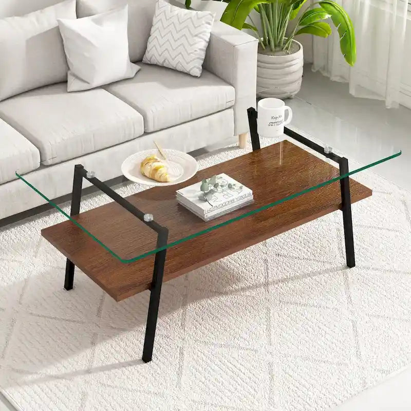 Table basse moderne avec plateau en verre trempé et pieds en métal