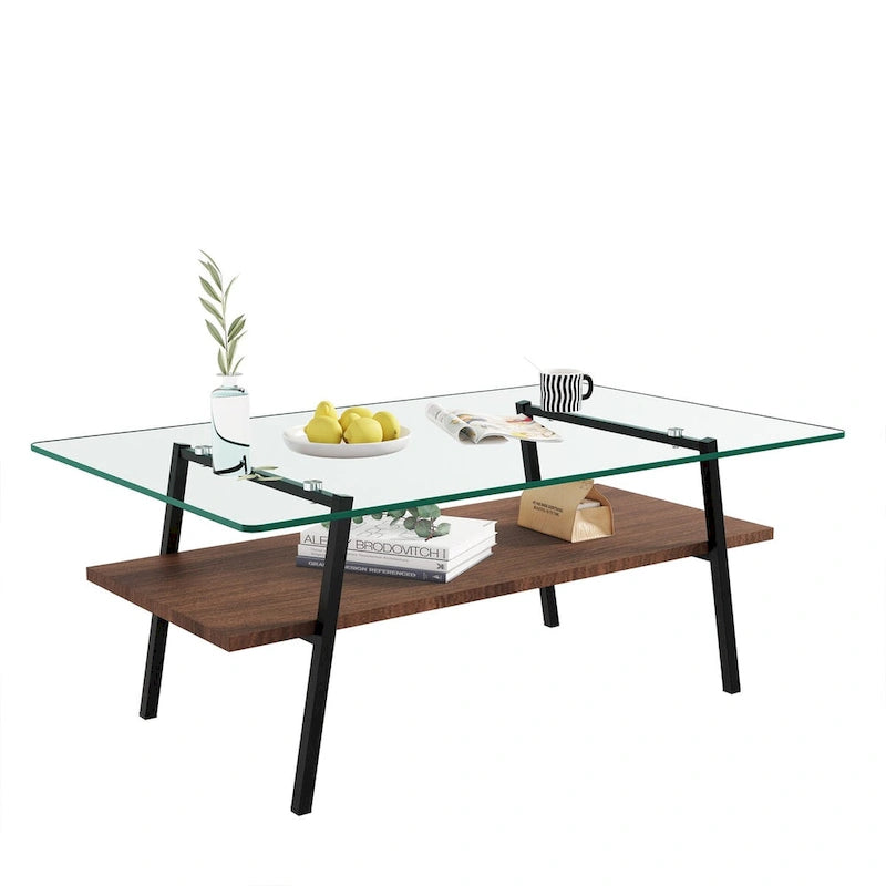 Table basse moderne avec plateau en verre trempé et pieds en métal