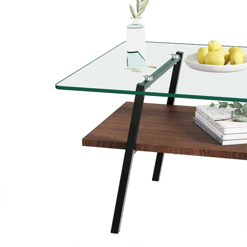 Table basse moderne avec plateau en verre trempé et pieds en métal