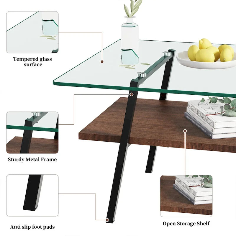 Table basse moderne avec plateau en verre trempé et pieds en métal
